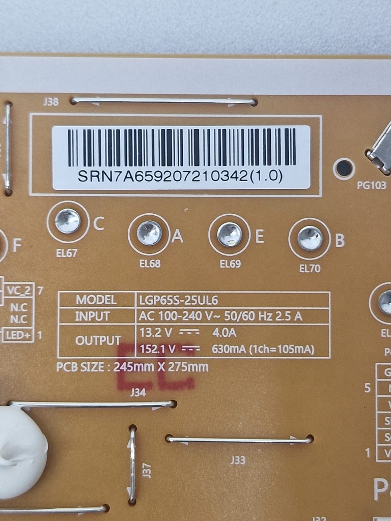 Etiqueta modelo LGP65S-25UL6 y especificaciones