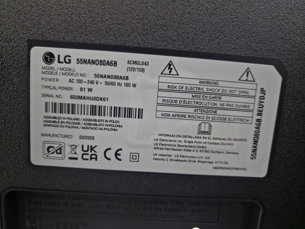 Etiqueta TV donante LG 55NANO80A6B S/N 603MAHU0DK61 (fab. 03/2026)