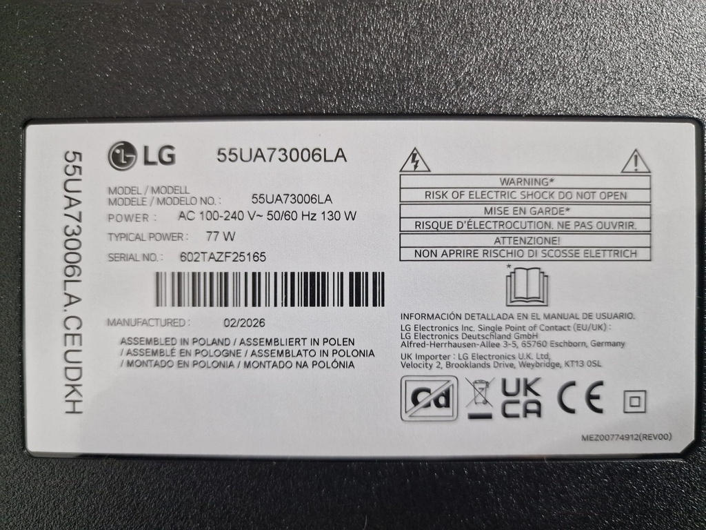 Etiqueta TV donante LG 55UA73006LA S/N 602TAZF25165 (fab. 02/2026)