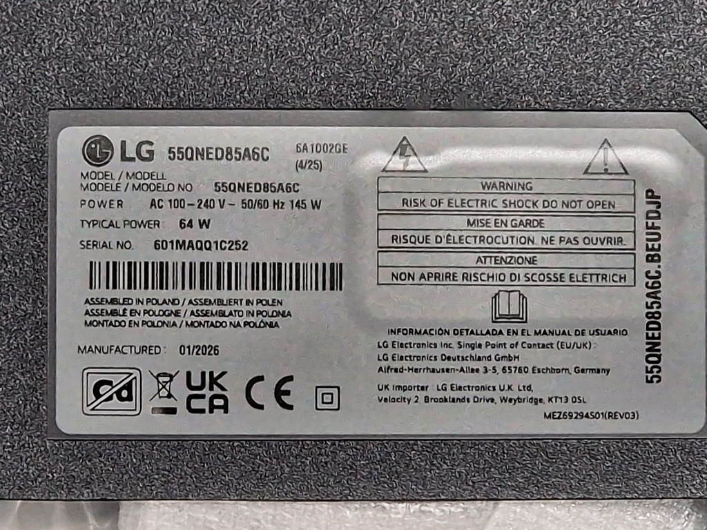 Etiqueta TV donante LG 55QNED85A6C S/N 601MAQQ1C252 (fab. 01/2026)