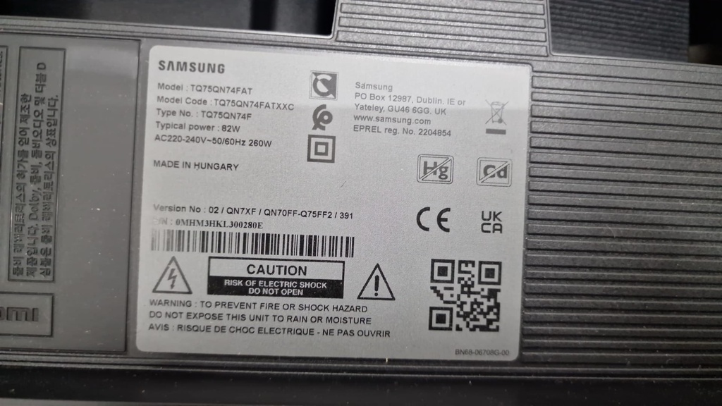 Etiqueta TV donante Samsung TQ75QN74FAT S/N 0MHM3HKL300280E (Hungria)