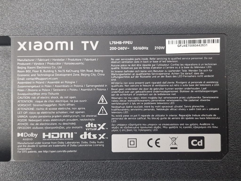 Etiqueta TV donante Xiaomi TV L75MB-FPEU S/N GFJ4E70060442631