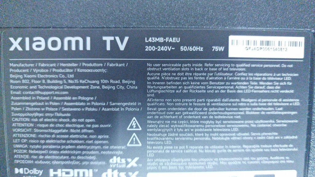 Pegatina del TV donante Xiaomi L43MB-FAEU
