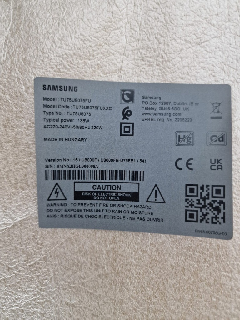 Pegatina del TV donante Samsung TU75U8075FU