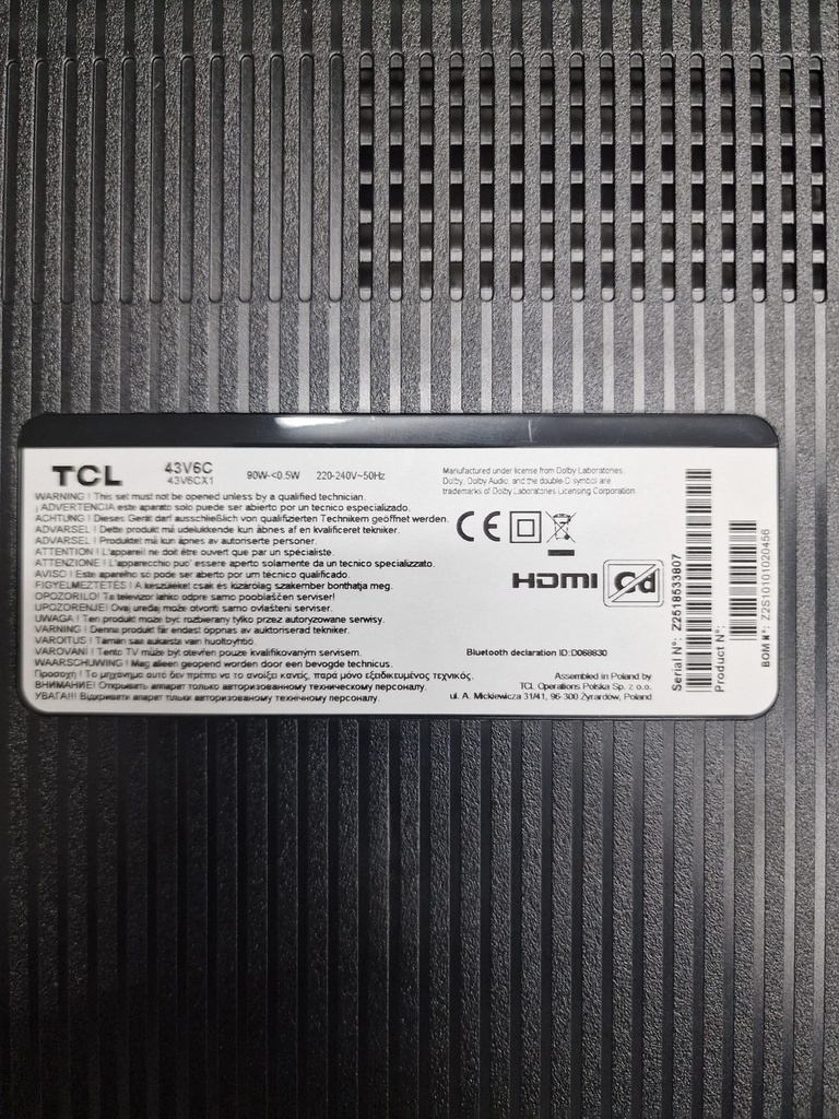 Pegatina del TV donante TCL 43V6C