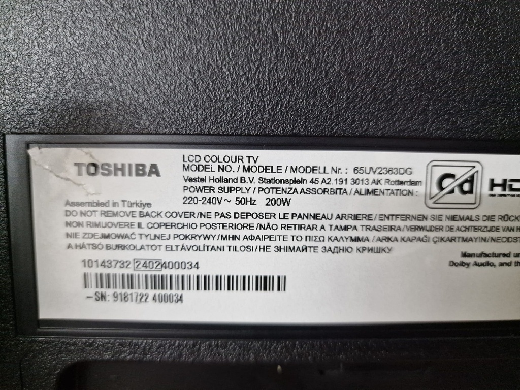 Pegatina del TV donante Toshiba 65UV2363DG